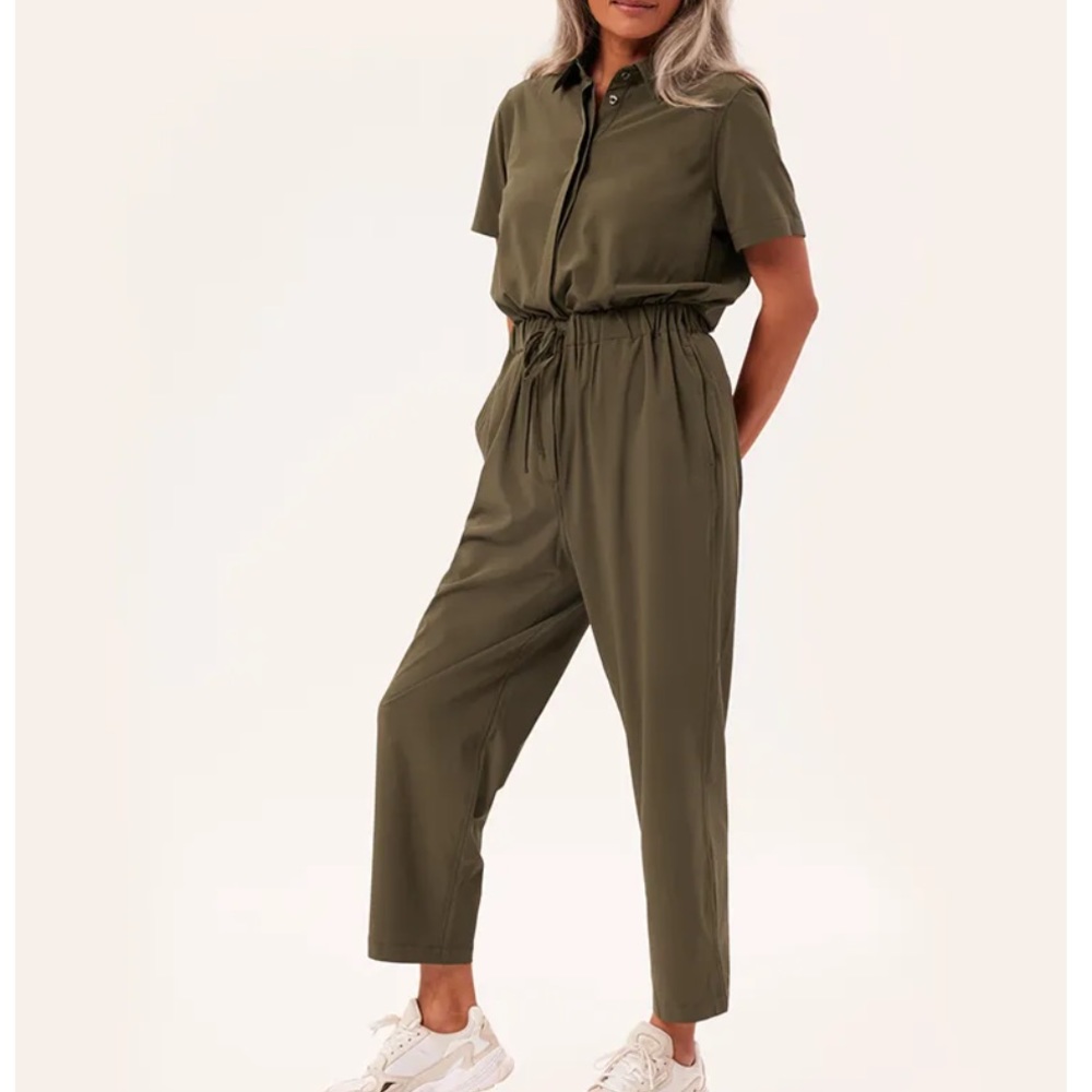 Olive Green Stretch Woven Jumpsuit by Girlfriend Collective, size small
